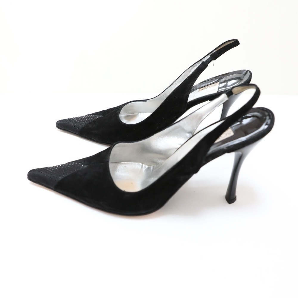 Sofia Black Suede Point Toe Heels Slingback Shoes Size 40 retro high 9 9.5 Y2K